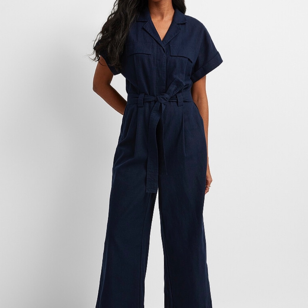 Belted Short-Sleeve Linen Jumpsuit, black
